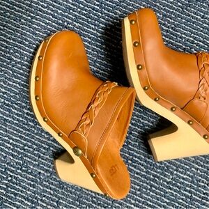 UGG Tan Leather Clogs with Braided Accent